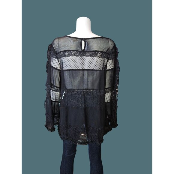 2/$35 POL Black Sheer Lace Witchy Goth Whymsical Bell Sleeve Oversized Blouse S - Picture 3 of 9